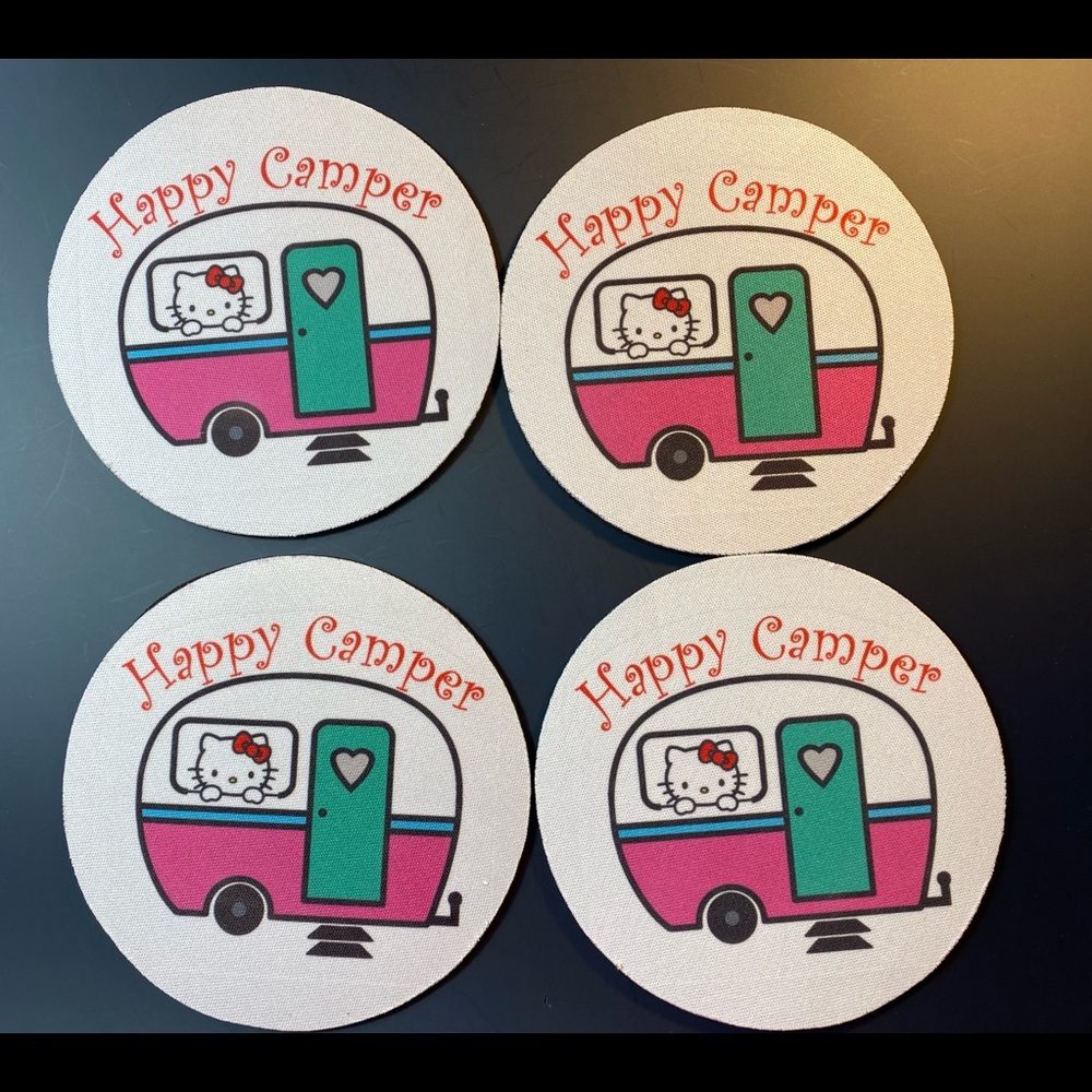 Happy Camper, Hello Kitty, Cup Drink Coasters Set Of 4
